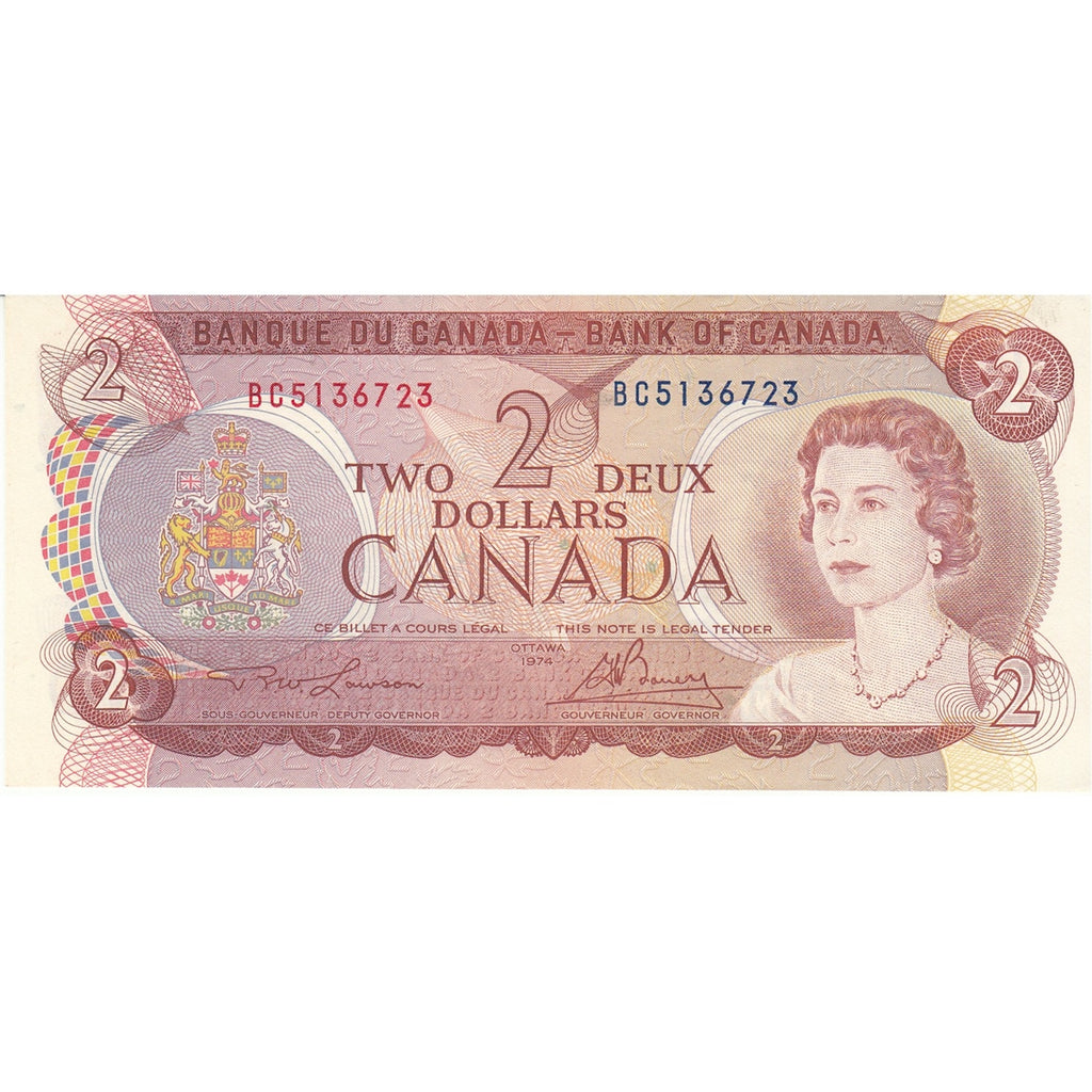 BC-47a 1974 Canada $2 Lawson-Bouey, BC Original Tint, Almost Uncirculated (AU50)