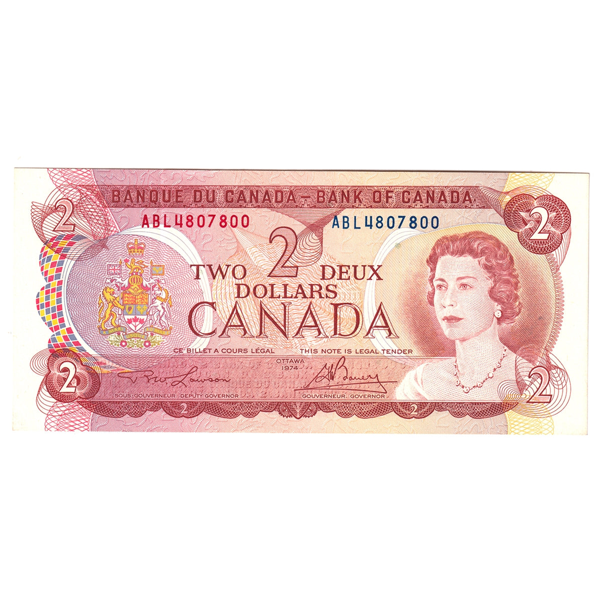 BC-47a-i 1974 Canada $2 Lawson-Bouey, ABL, Almost Uncirculated (AU50)