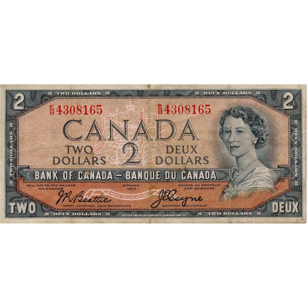 BC-30b 1954 Canada $2 Beattie-Coyne, Devil's Face, E/B, F-VF (F15)
