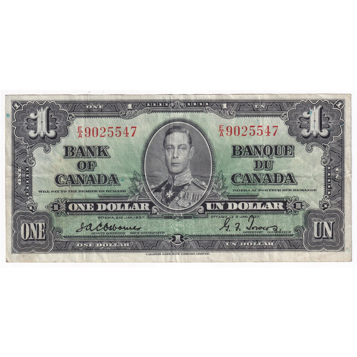 BC-21a 1937 Canada $1 Osborne-Towers, E/A, Very Fine (VF20)