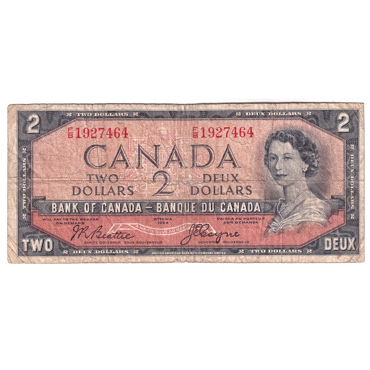 BC-30b 1954 Canada $2 Beattie-Coyne, Devil's Face, F/B, Circ