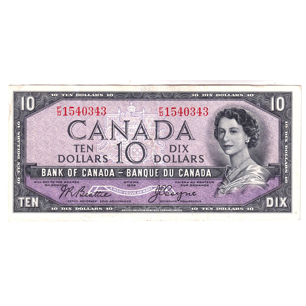 BC-32b 1954 Canada $10 Beattie-Coyne, Devil's Face, F/D, EF