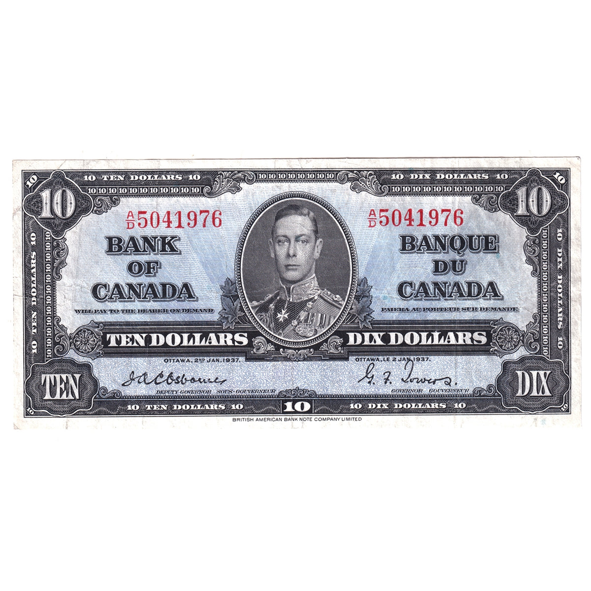 BC-24a 1937 Canada $10 Osborne-Towers, A/D, F-VF (F15)