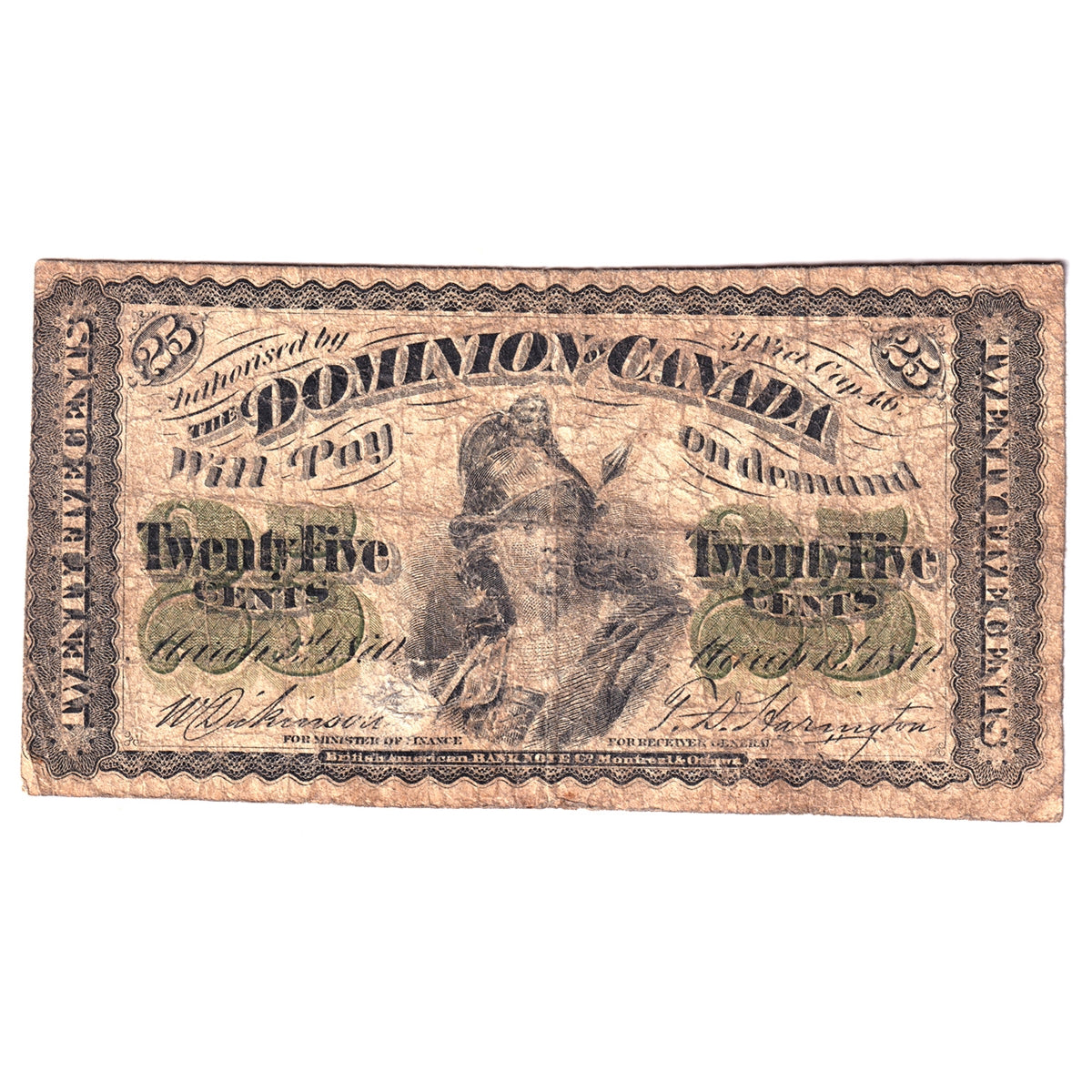 DC-1 1870 Dominion 25 cent Shinplaster, Plain Series, Circ