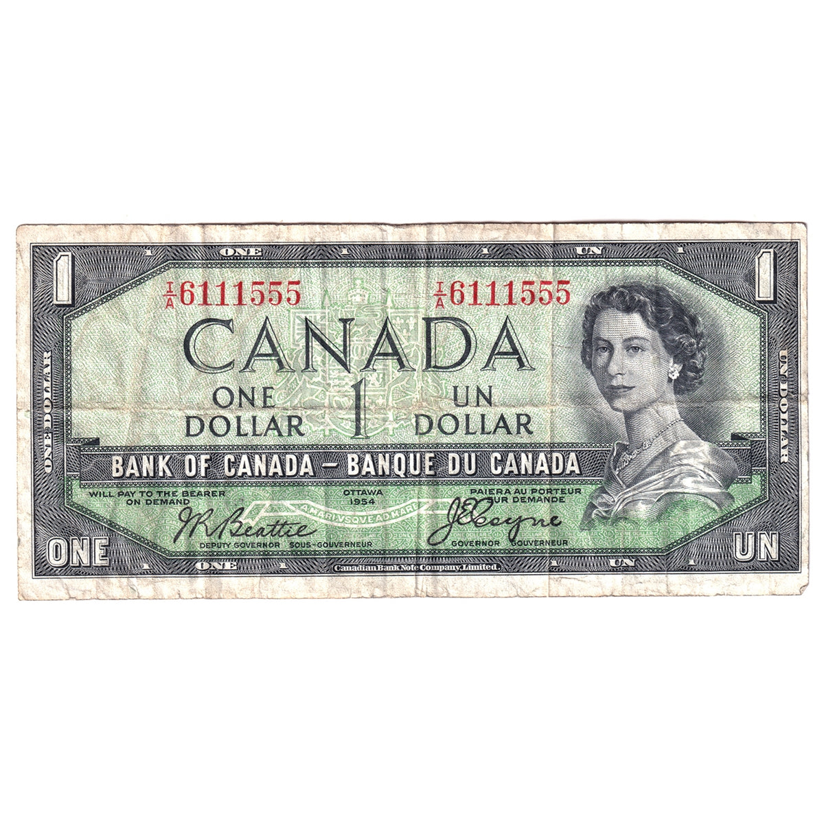 BC-29b 1954 Canada $1 Beattie-Coyne, Devil's Face, I/A, Circ