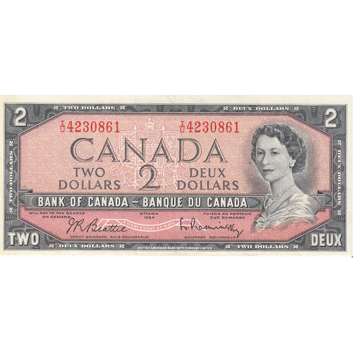 BC-38b 1954 Canada $2 Beattie-Rasminsky, I/U, Extra Fine (EF40)