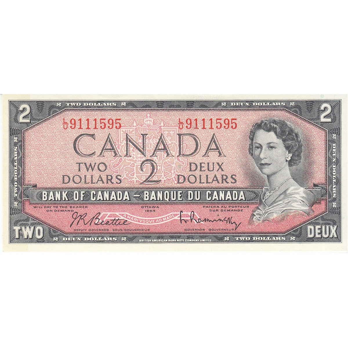BC-38b 1954 Canada $2 Beattie-Rasminsky, L/U, AU-UNC (AU55)