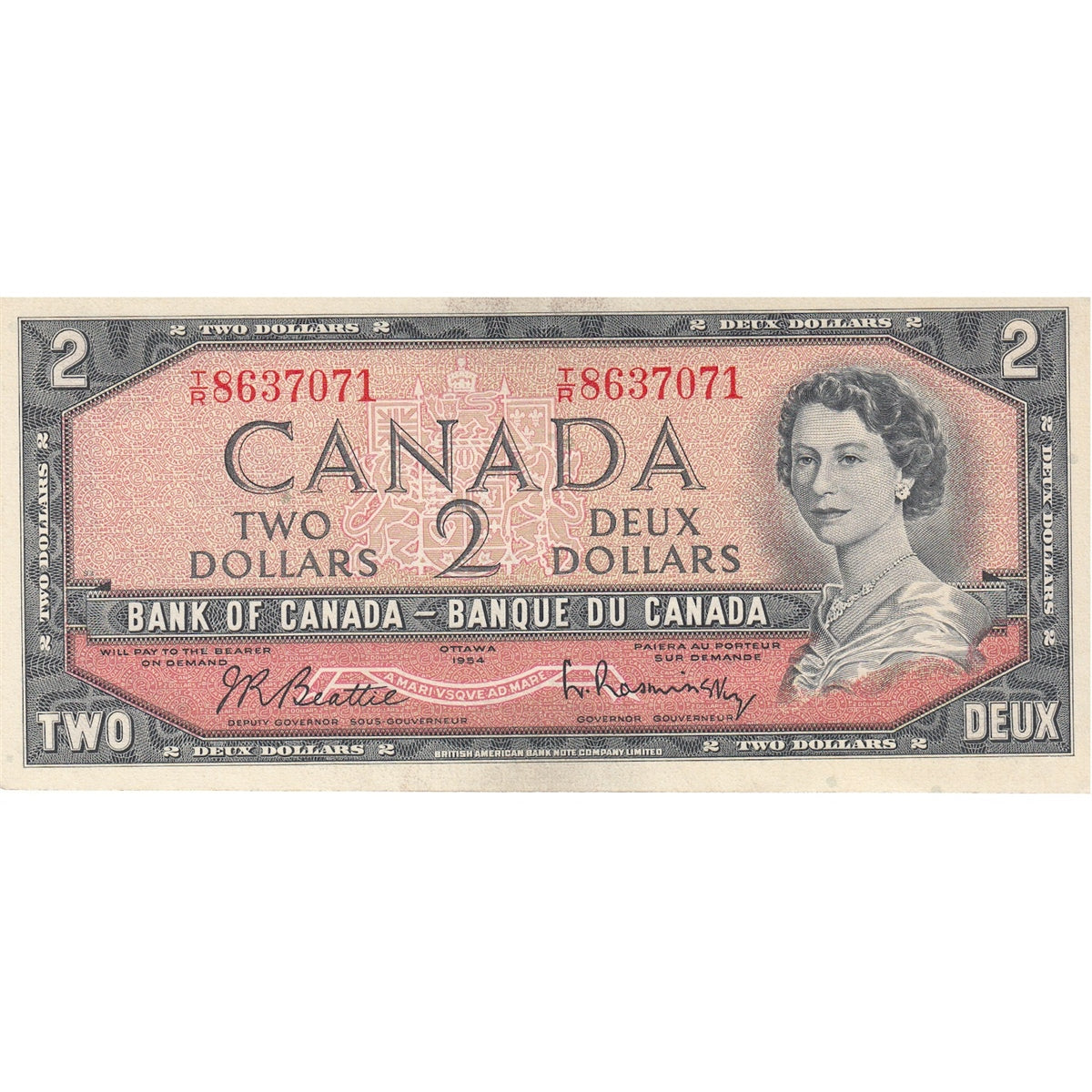 BC-38b 1954 Canada $2 Beattie-Rasminsky, T/R, EF-AU (EF45)