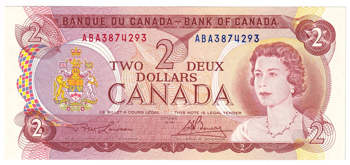 BC-47a-i 1974 Canada $2 Lawson-Bouey, ABA, AU-UNC (AU55)