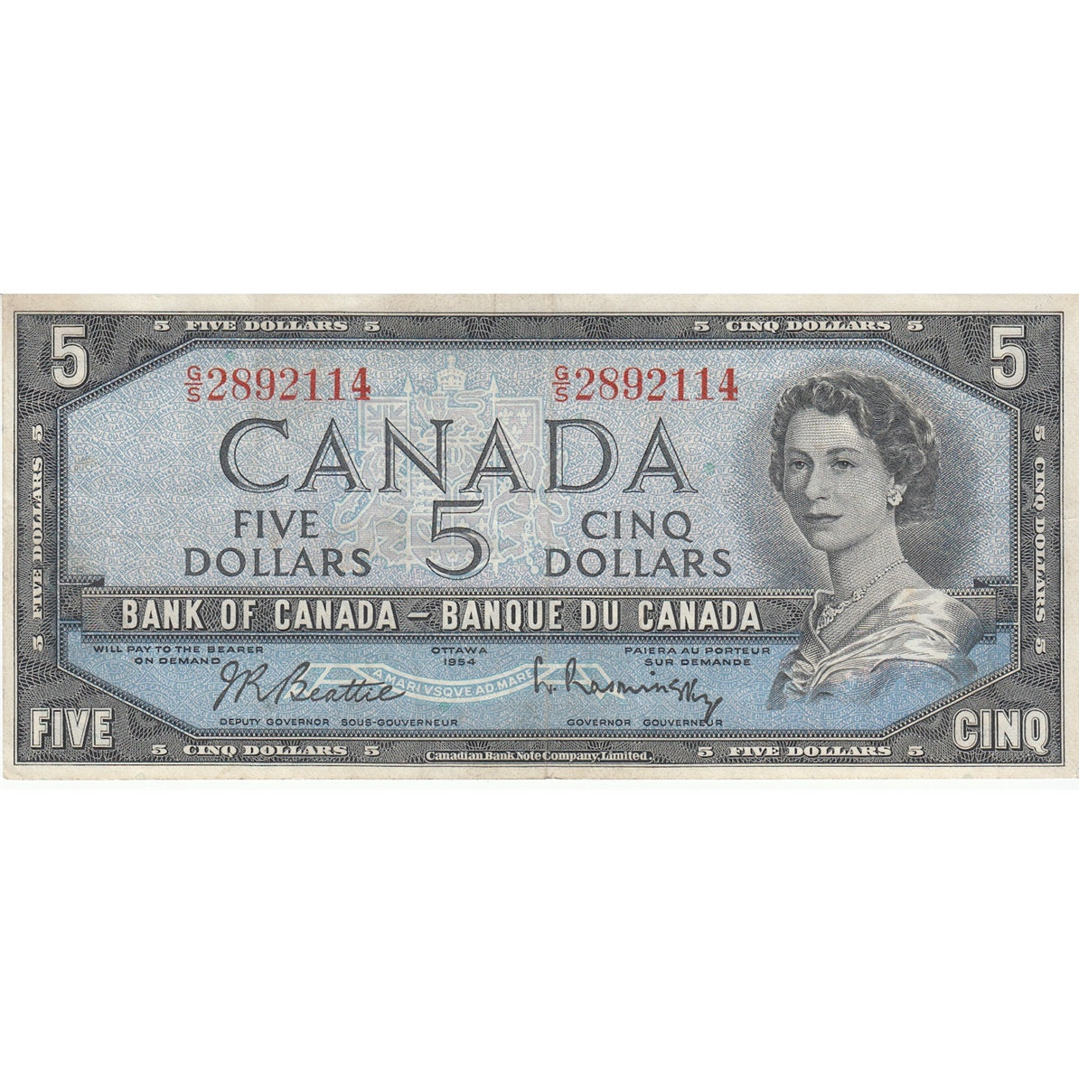 BC-39b 1954 Canada $5 Beattie-Rasminsky, G/S, VF-EF (VF30)