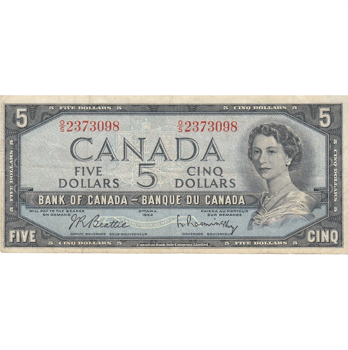 BC-39b 1954 Canada $5 Beattie-Rasminsky, O/S, F-VF (F15)