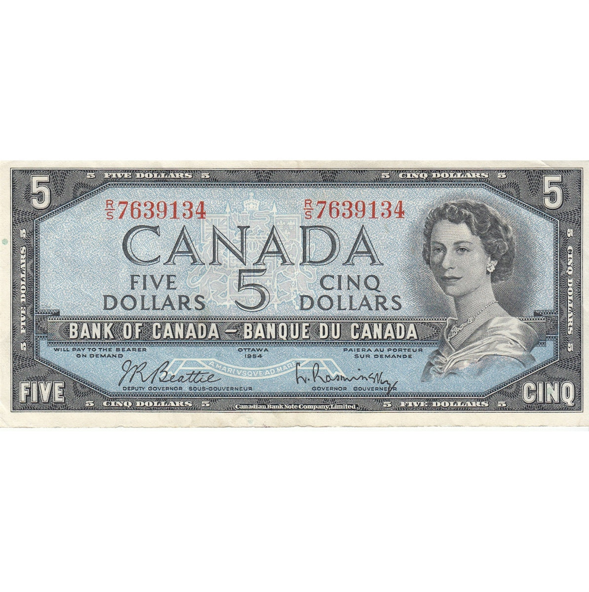 BC-39b 1954 Canada $5 Beattie-Rasminsky, R/S, VF-EF (VF30)