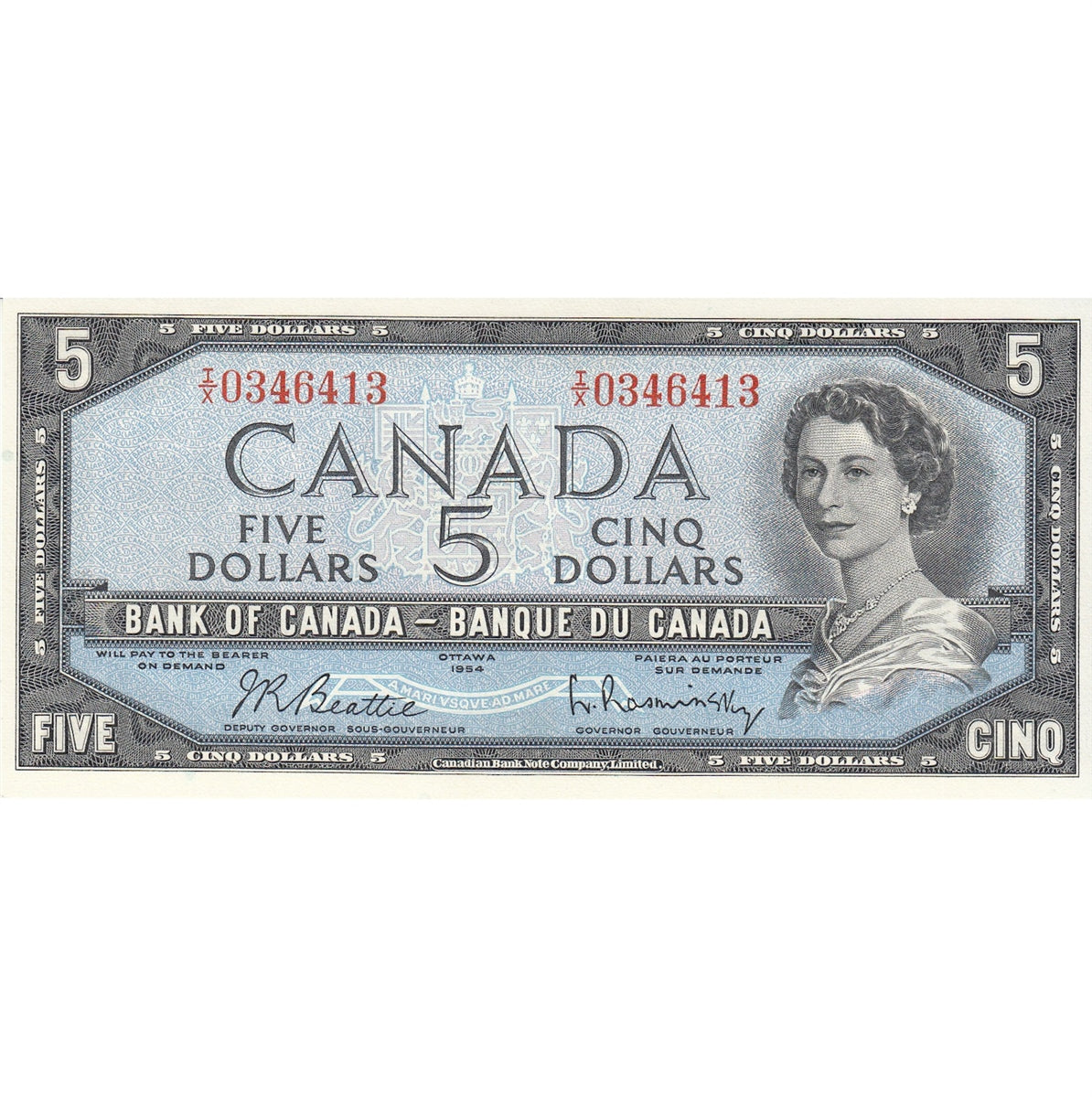 BC-39b 1954 Canada $5 Beattie-Rasminsky, I/X, Uncirculated (MS60)