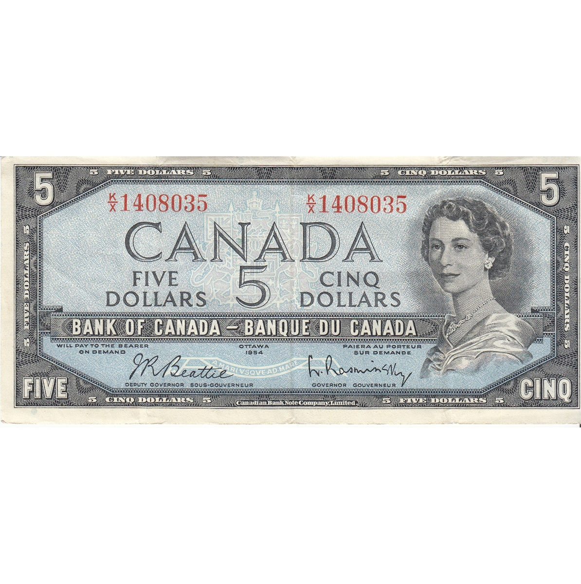 BC-39b 1954 Canada $5 Beattie-Rasminsky, K/X, VF-EF (VF30)