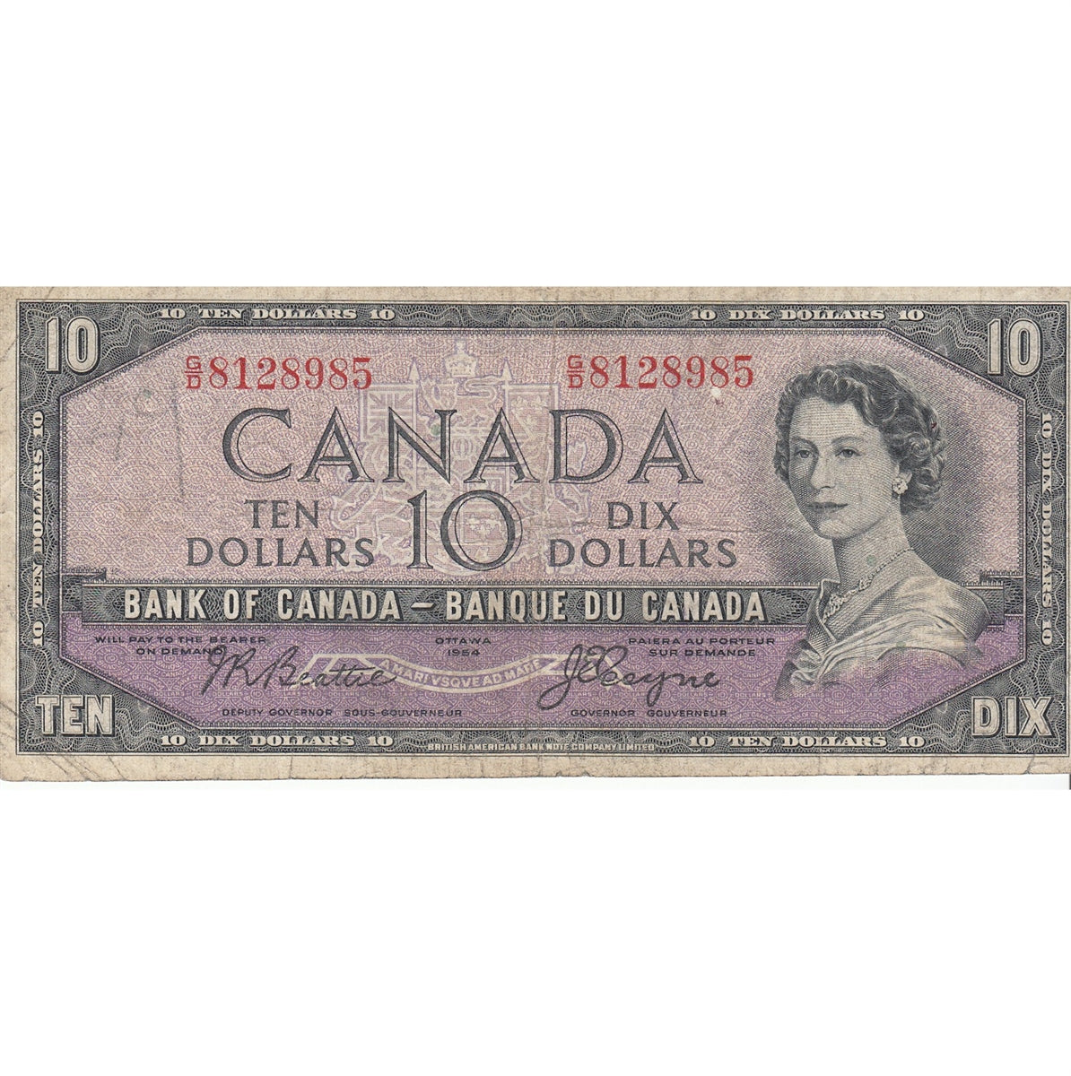 BC-32b 1954 Canada $10 Beattie-Coyne, D.F, G/D, Very Good (VG8)