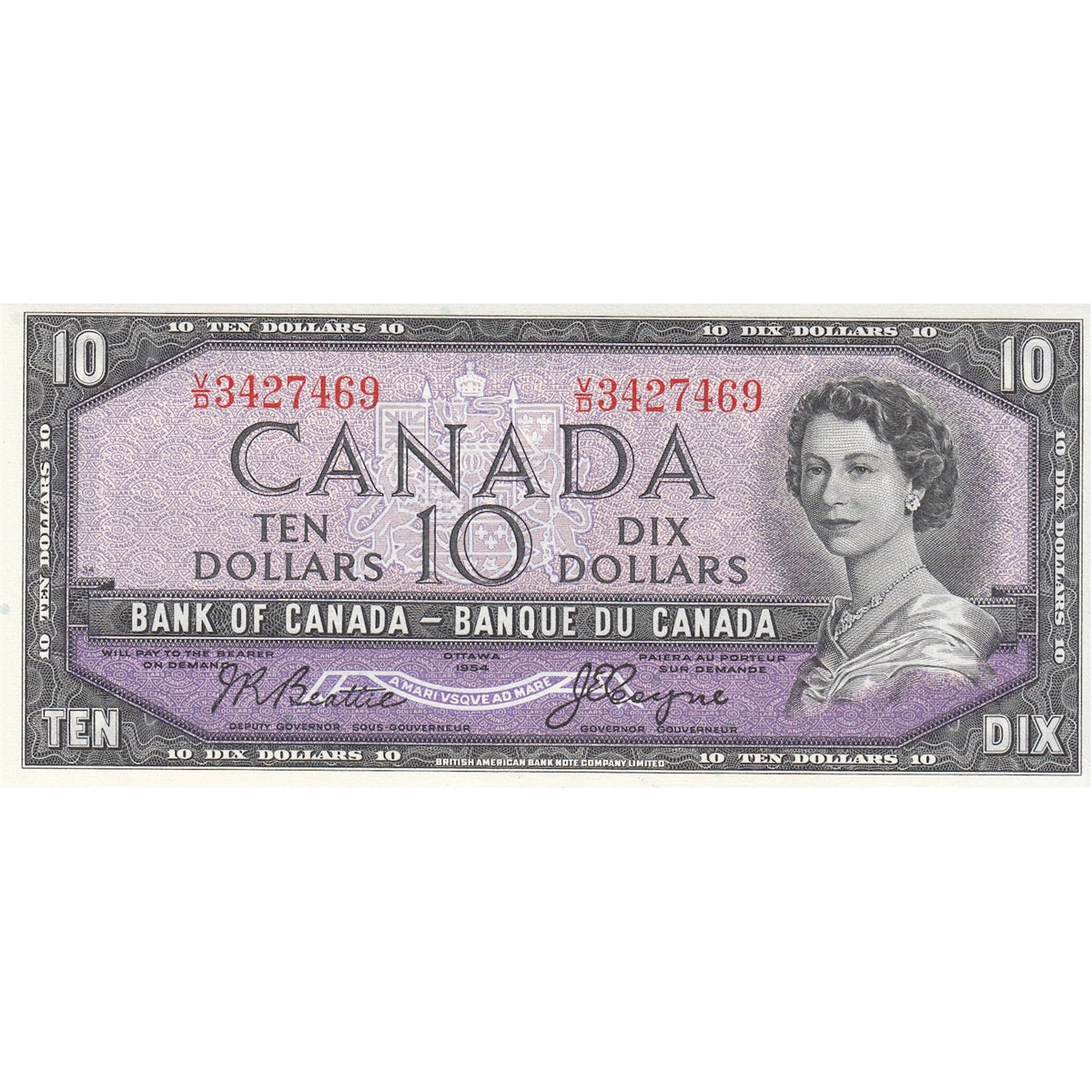 BC-40a 1954 Canada $10 Beattie-Coyne, V/D, Choice Uncirculated (CUNC63)