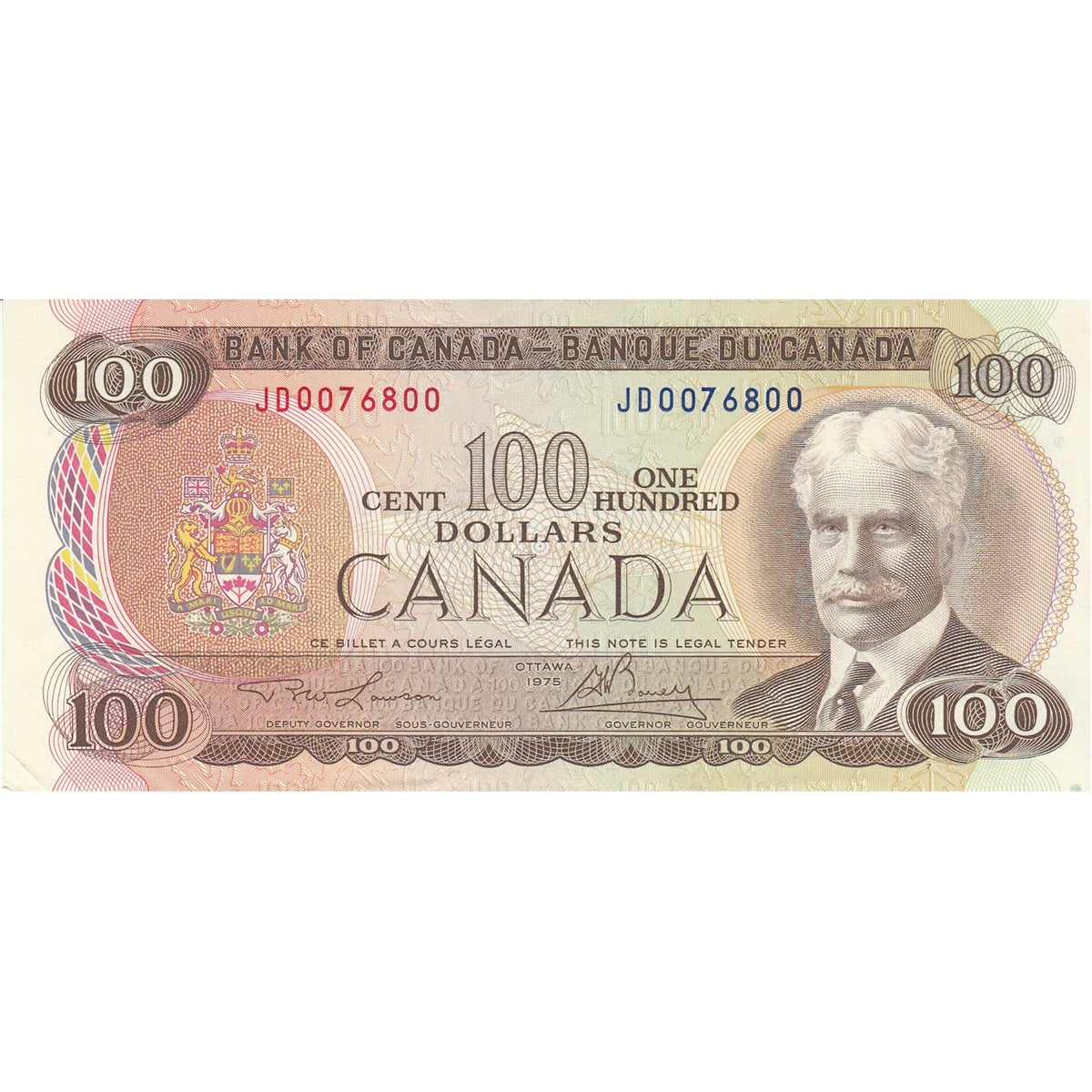 BC-52a 1975 Canada $100 Lawson-Bouey, JD, Almost Uncirculated (AU50)