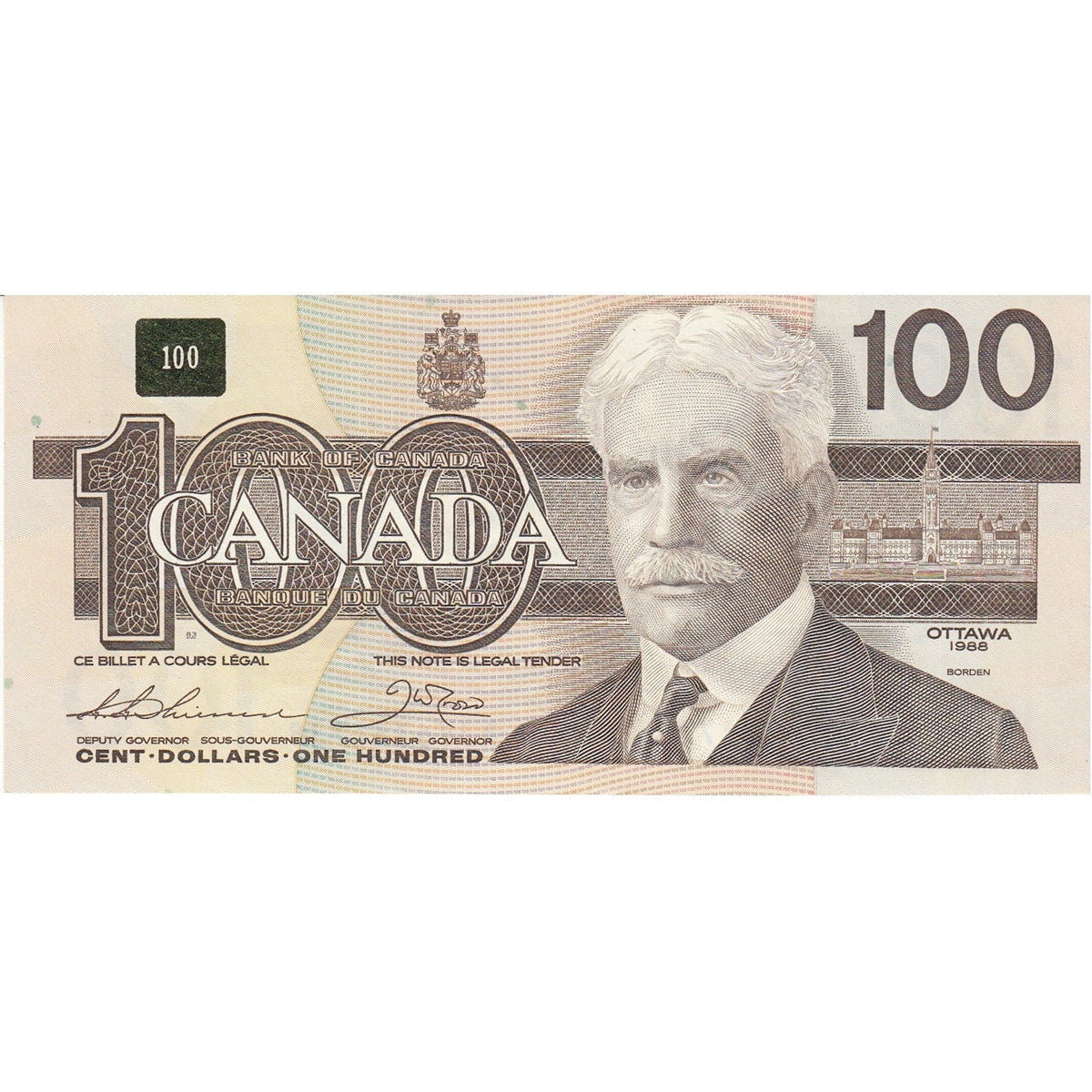 BC-60a 1988 Canada $100 Thiessen-Crow, AJV, Almost Uncirculated (AU50)