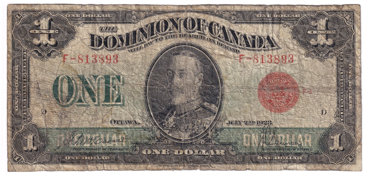 DC-25b 1923 Dominion $1 McCavour-Saunders, Red Seal 1, G-VG (G6)