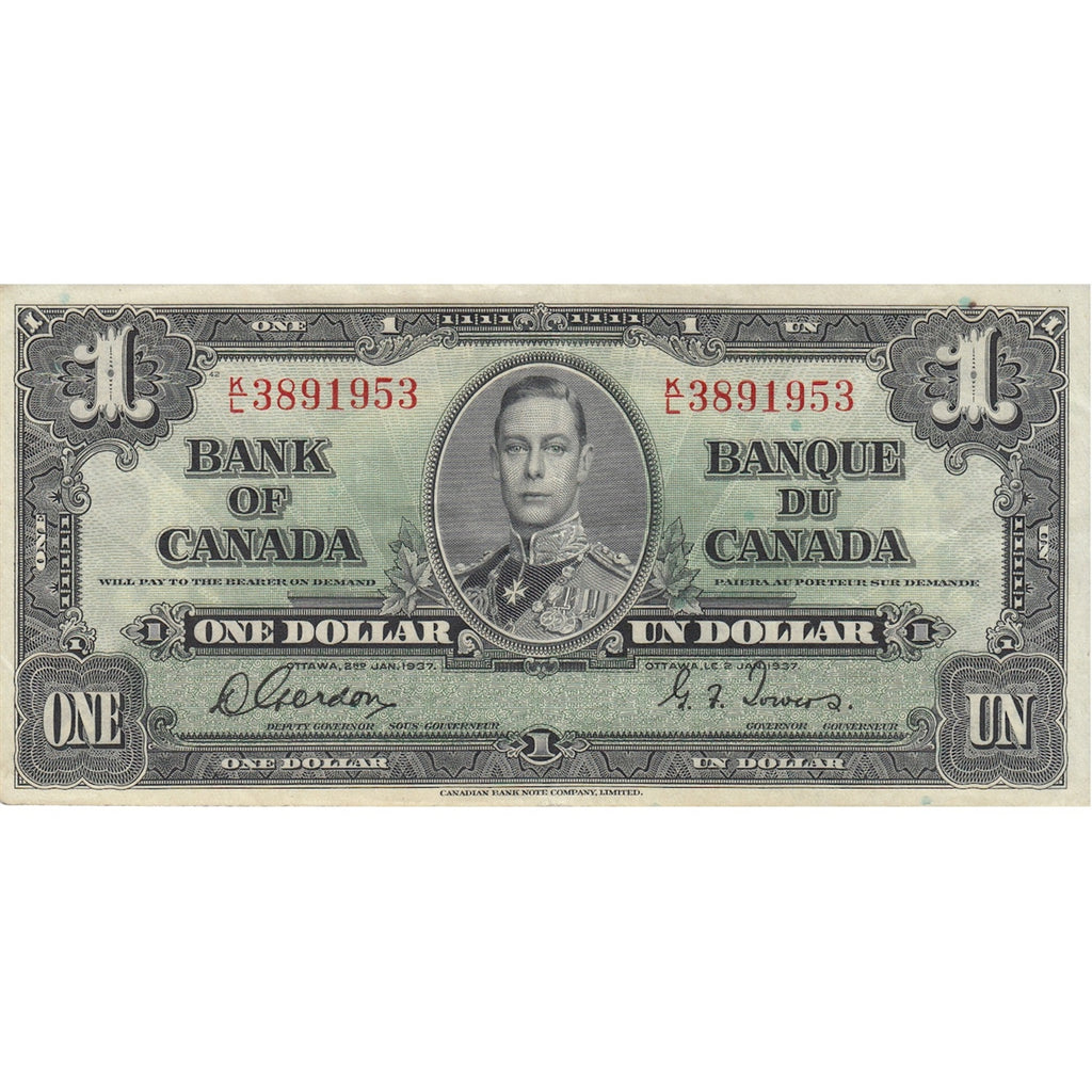 BC-21c 1937 Canada $1 Gordon-Towers, K/L, Extra Fine (EF40)