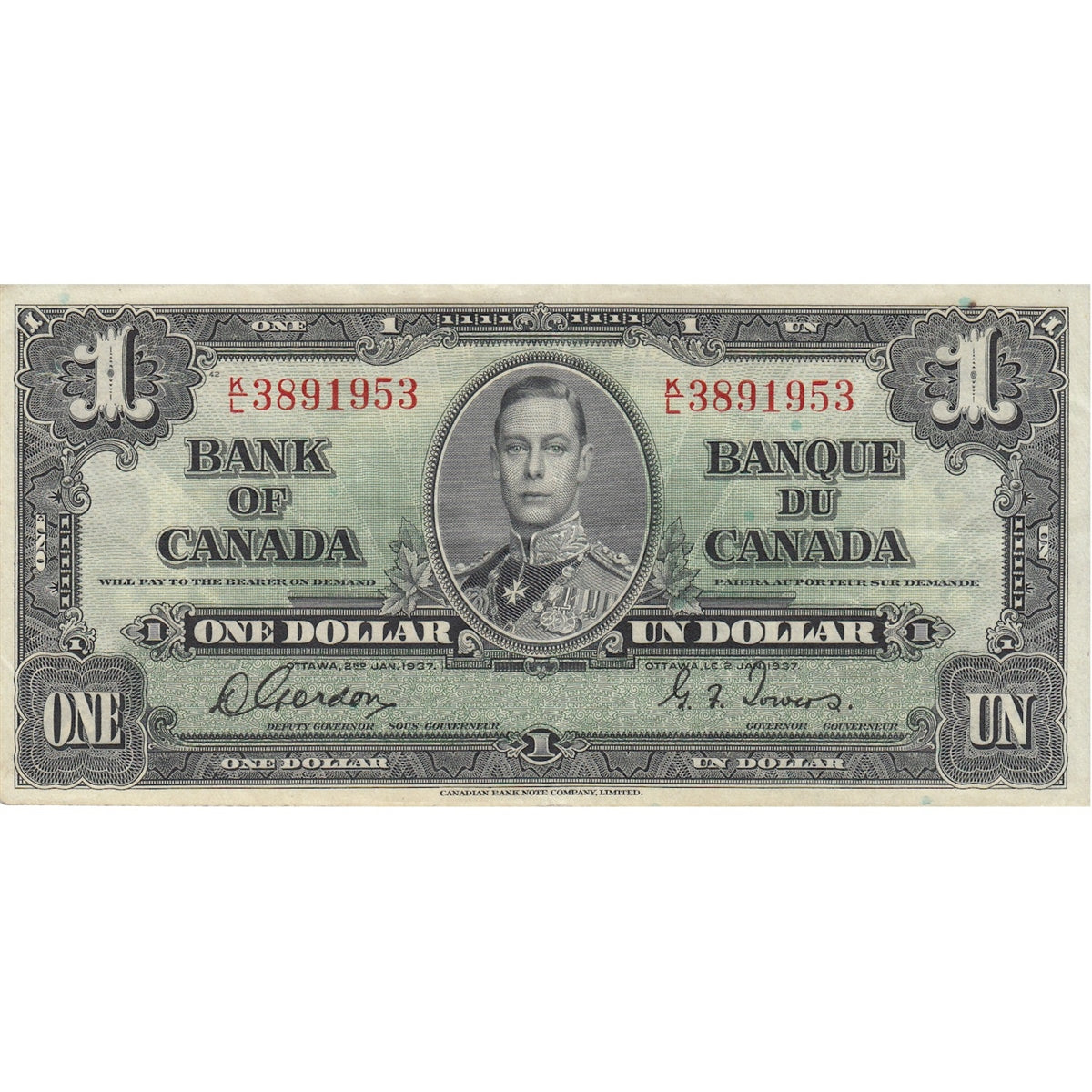 BC-21c 1937 Canada $1 Gordon-Towers, K/L, Extra Fine (EF40)