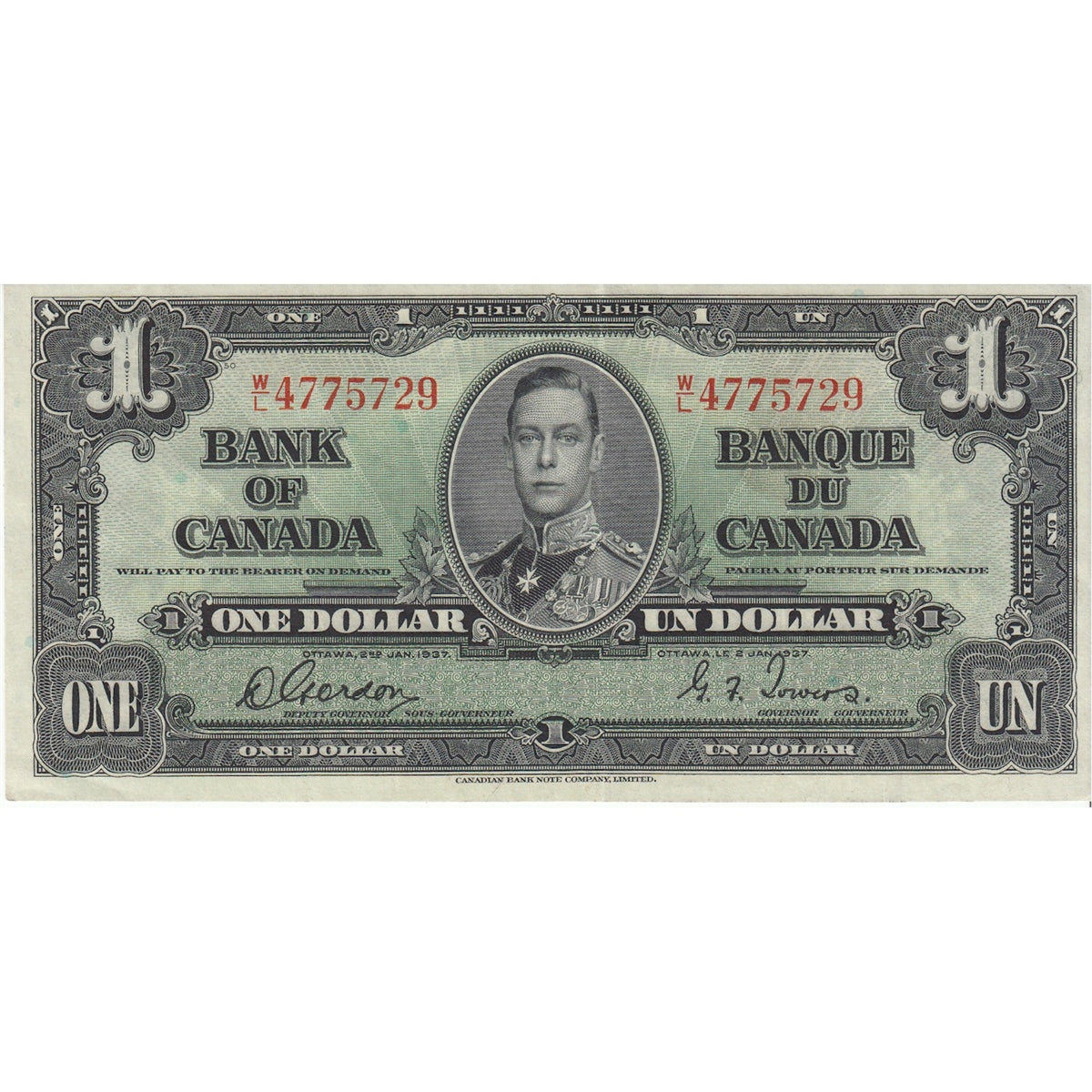 BC-21c 1937 Canada $1 Gordon-Towers, W/L, VF-EF (VF30)