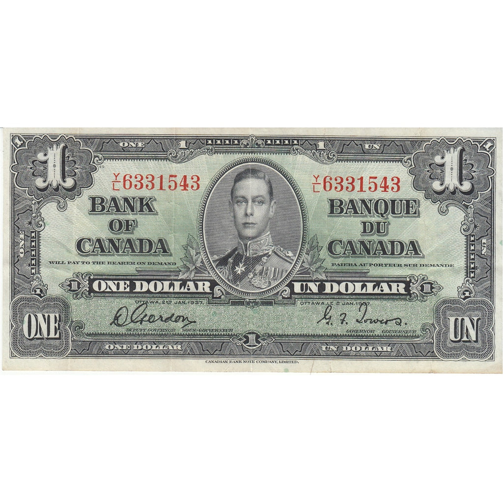 BC-21c 1937 Canada $1 Gordon-Towers, Y/L, Very Fine (VF20)