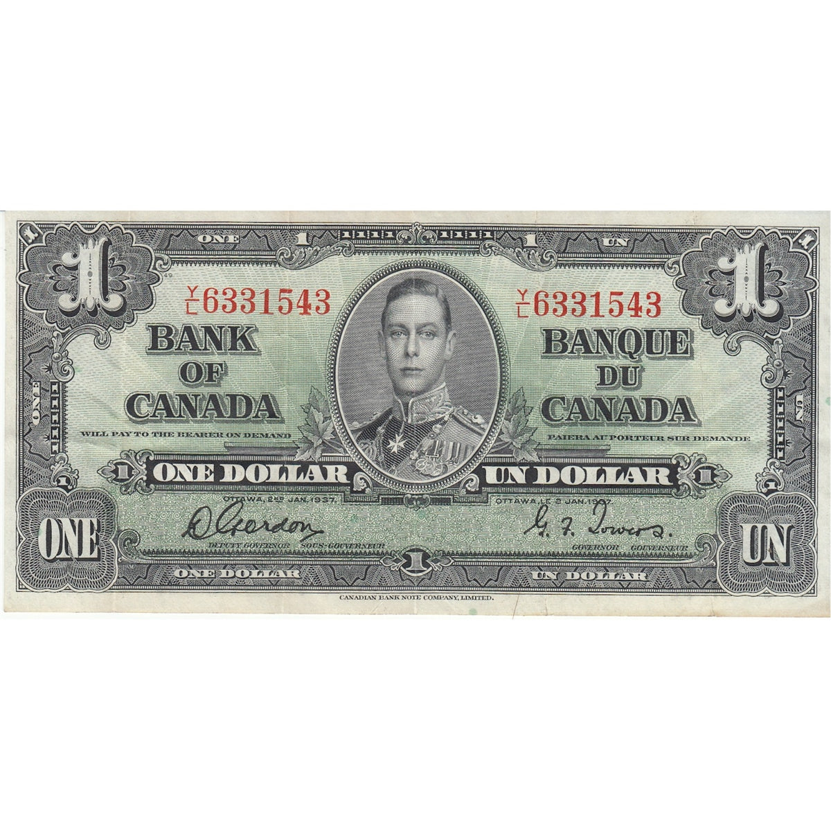 BC-21c 1937 Canada $1 Gordon-Towers, Y/L, Very Fine (VF20)