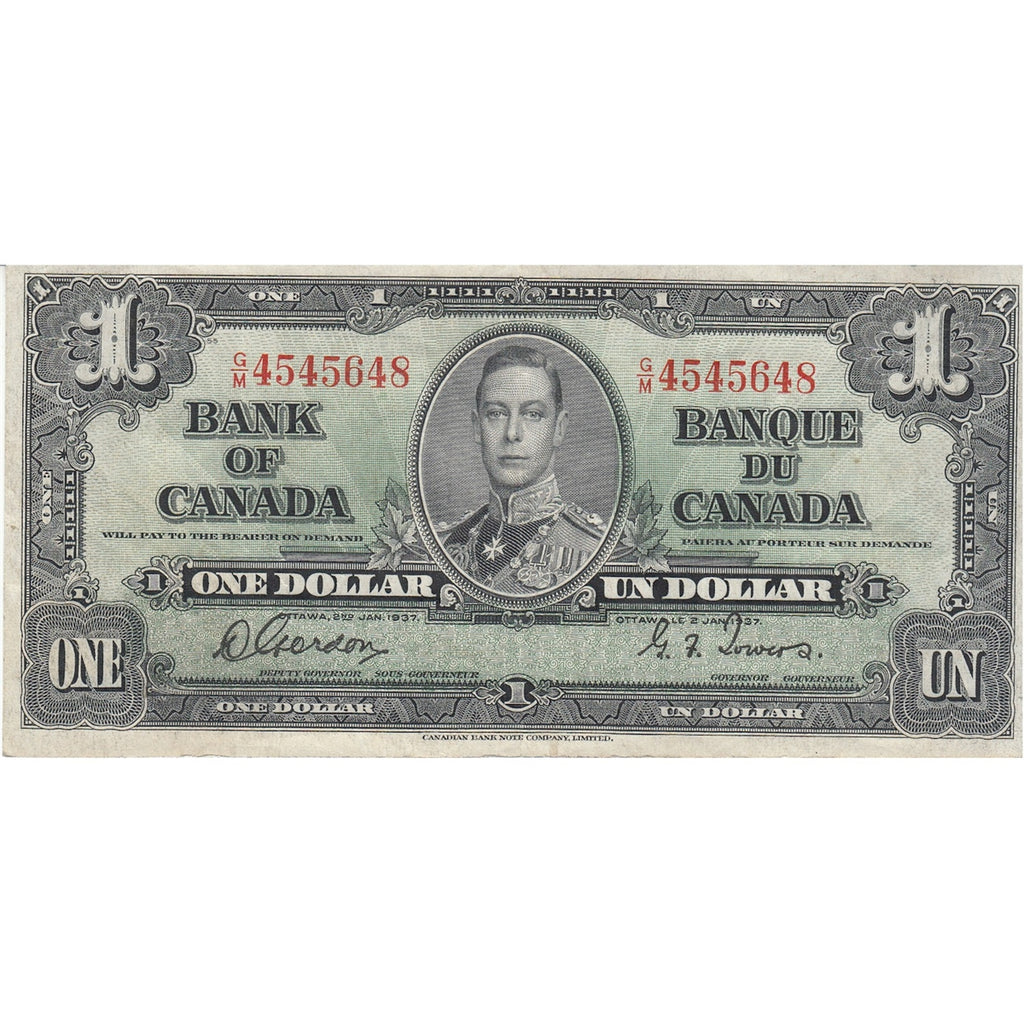 BC-21c 1937 Canada $1 Gordon-Towers, G/M, VF-EF (VF30)