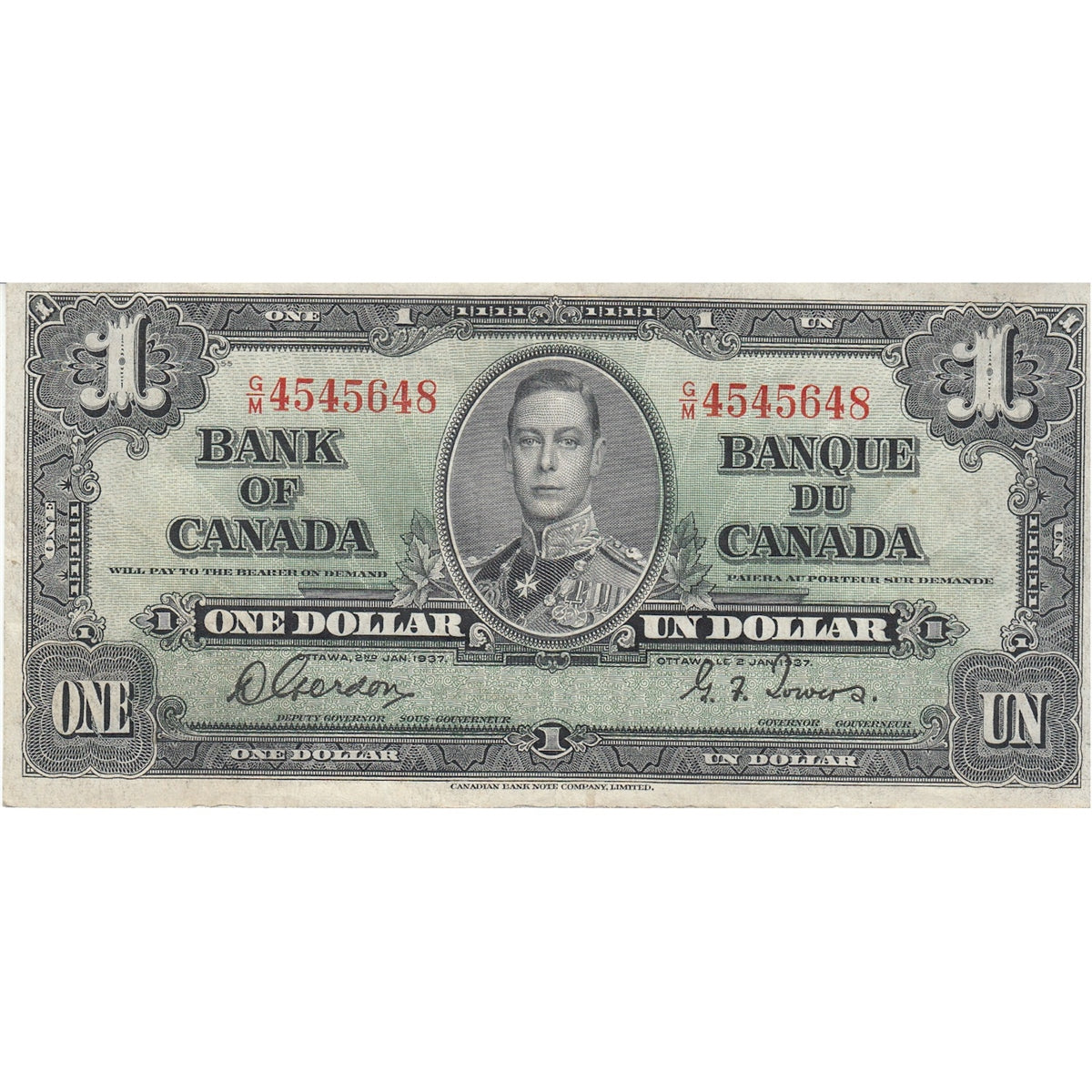 BC-21c 1937 Canada $1 Gordon-Towers, G/M, VF-EF (VF30)