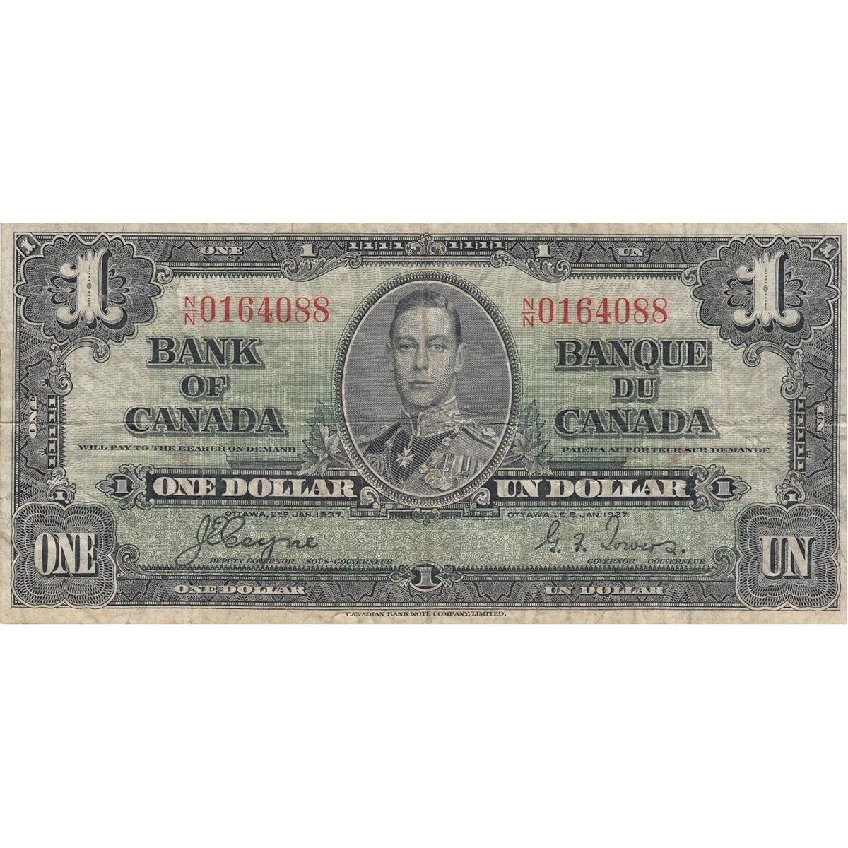 BC-21d 1937 Canada $1 Coyne-Towers, N/N, Fine (F12)