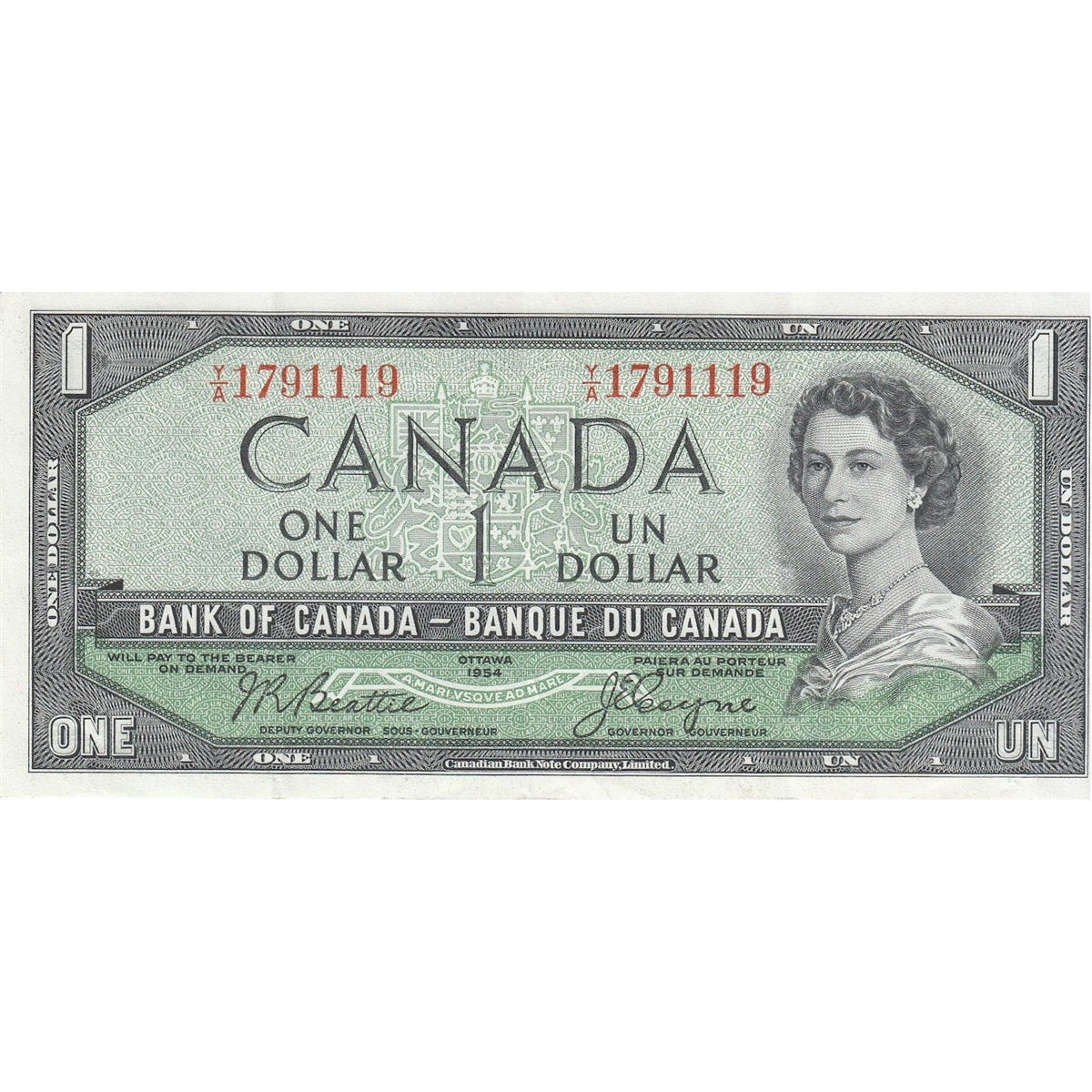 BC-37a 1954 Canada $1 Beattie-Coyne, Y/A, VF-EF (VF30)
