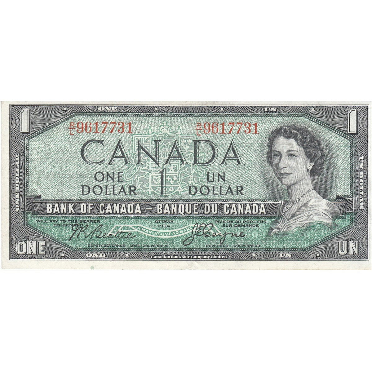 BC-37a 1954 Canada $1 Beattie-Coyne, R/L, EF-AU (EF45)