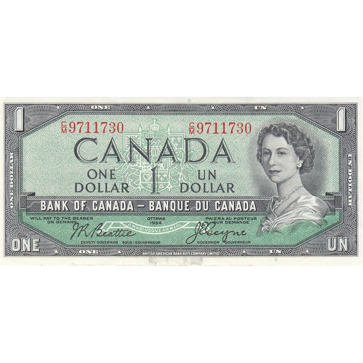 BC-37a-i 1954 Canada $1 Beattie-Coyne, C/M, VF-EF (VF30)