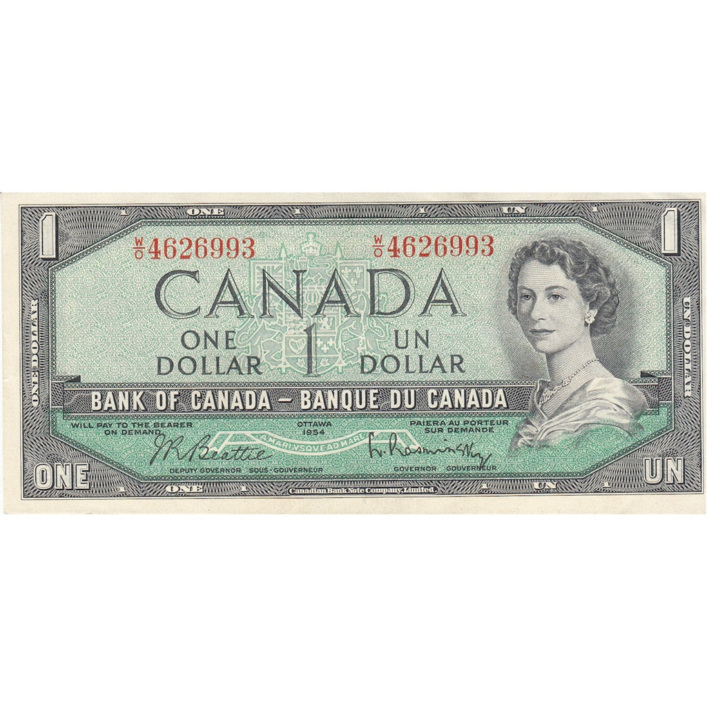 BC-37b 1954 Canada $1 Beattie-Rasminsky, W/O, Almost Uncirculated (AU50)