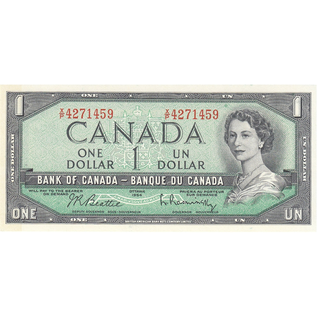 BC-37b-i 1954 Canada $1 Beattie-Rasminsky, X/P, Choice Uncirculated (CUNC63)