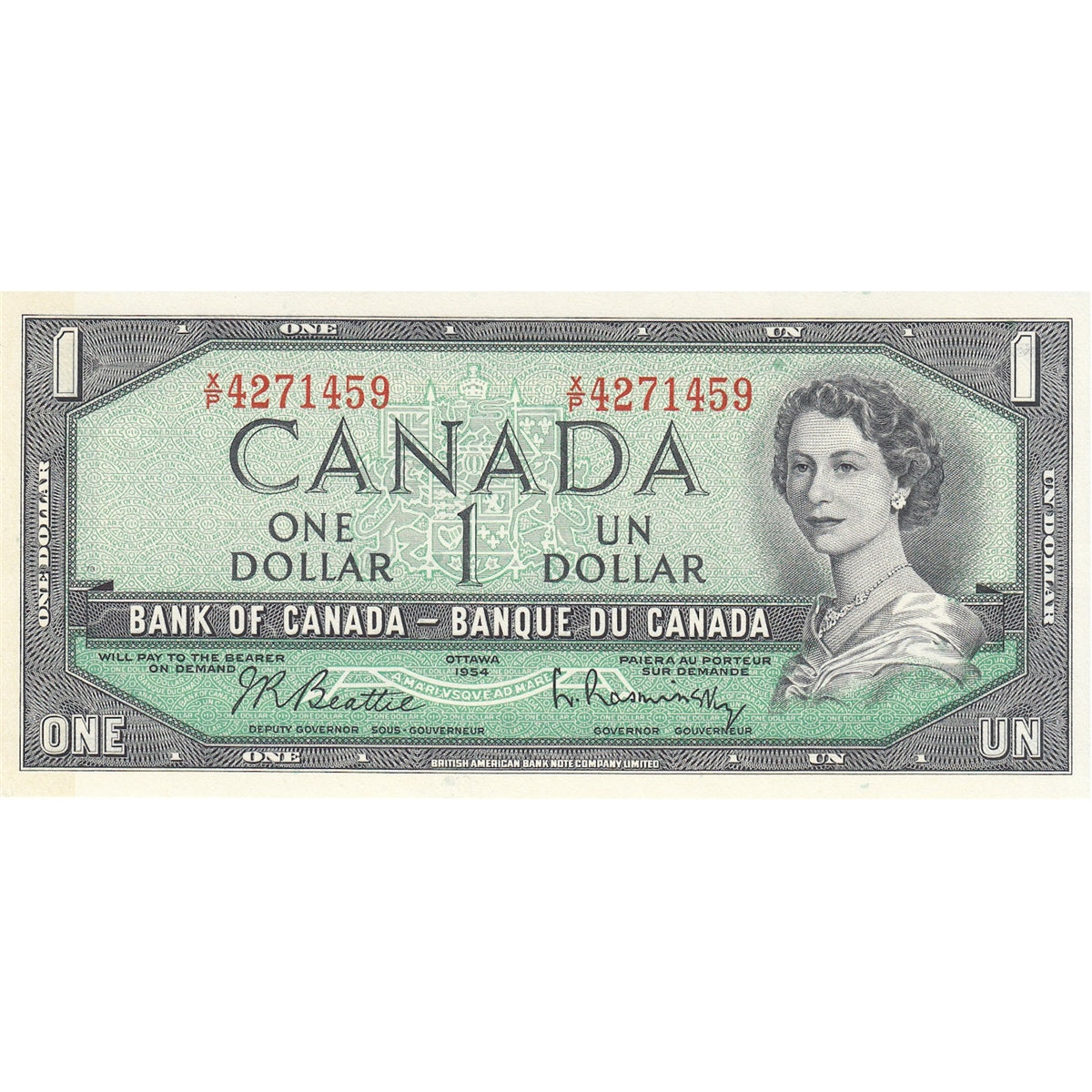 BC-37b-i 1954 Canada $1 Beattie-Rasminsky, X/P, Choice Uncirculated (CUNC63)