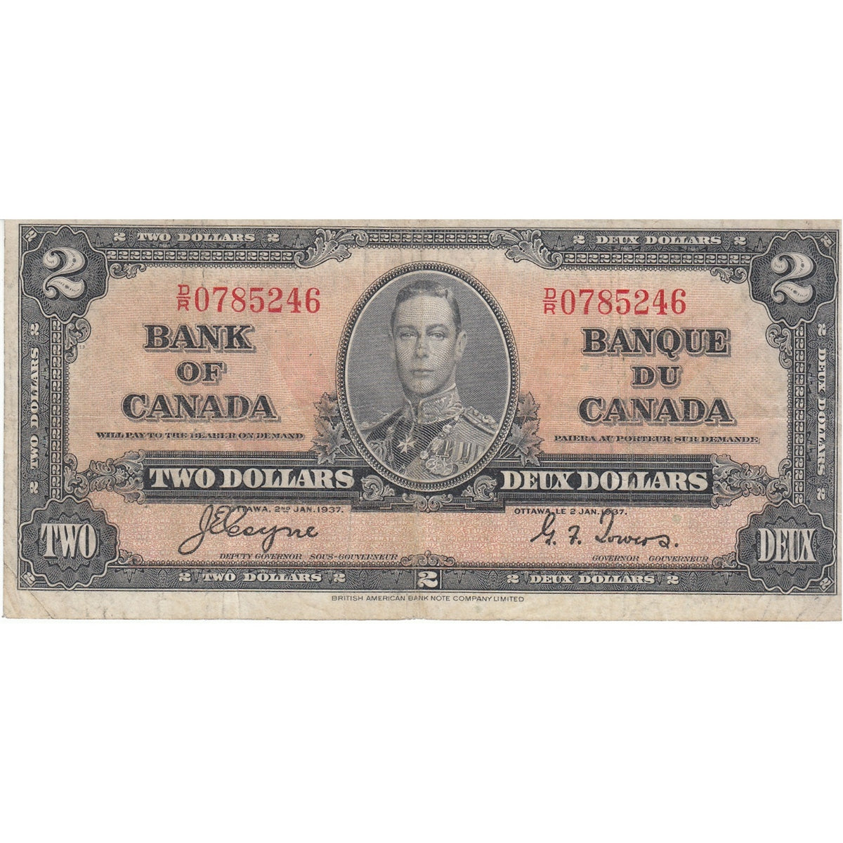 BC-22c 1937 Canada $2 Coyne-Towers, D/R, VG-F (VG10)