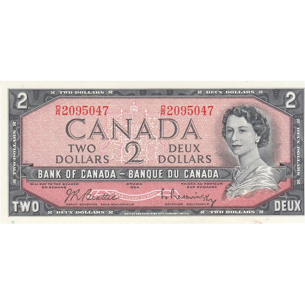 BC-38b 1954 Canada $2 Beattie-Rasminsky, O/R, Choice Uncirculated (CUNC63)
