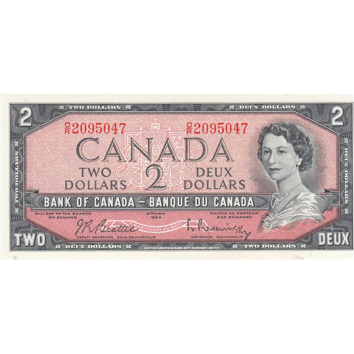 BC-38b 1954 Canada $2 Beattie-Rasminsky, O/R, Choice Uncirculated (CUNC63)