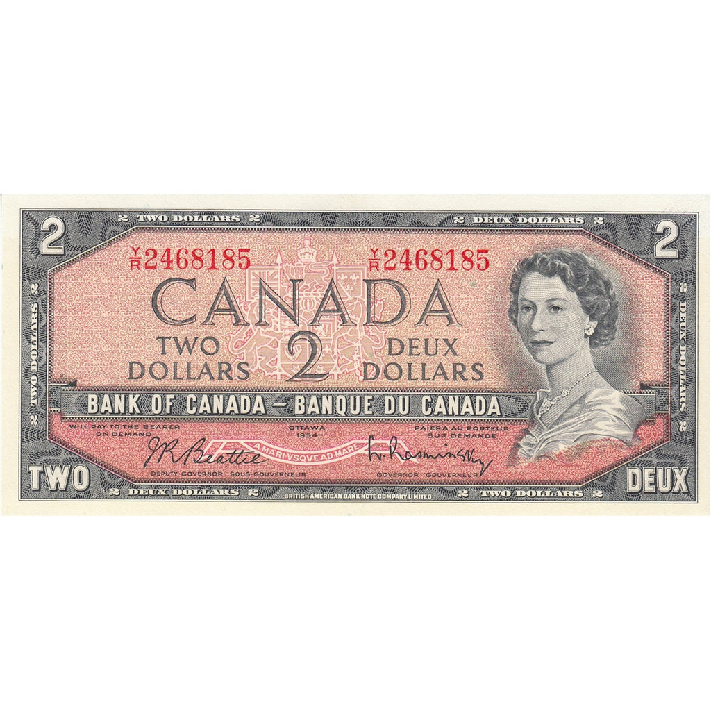 BC-38b 1954 Canada $2 Beattie-Rasminsky, Y/R, Choice Uncirculated (CUNC63)