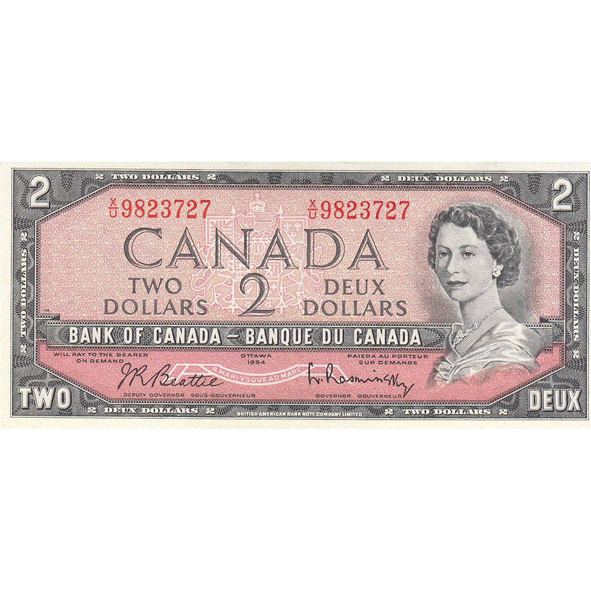BC-38b 1954 Canada $2 Beattie-Rasminsky, X/U, Choice Uncirculated (CUNC63)