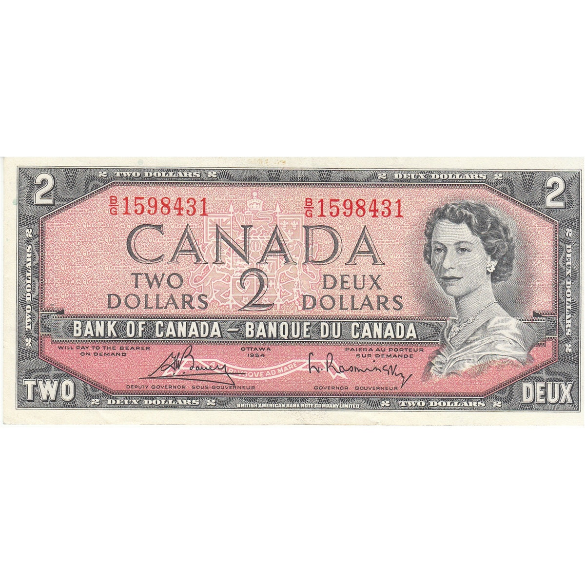 BC-38c 1954 Canada $2 Bouey-Rasminsky, B/G, Extra Fine (EF40)