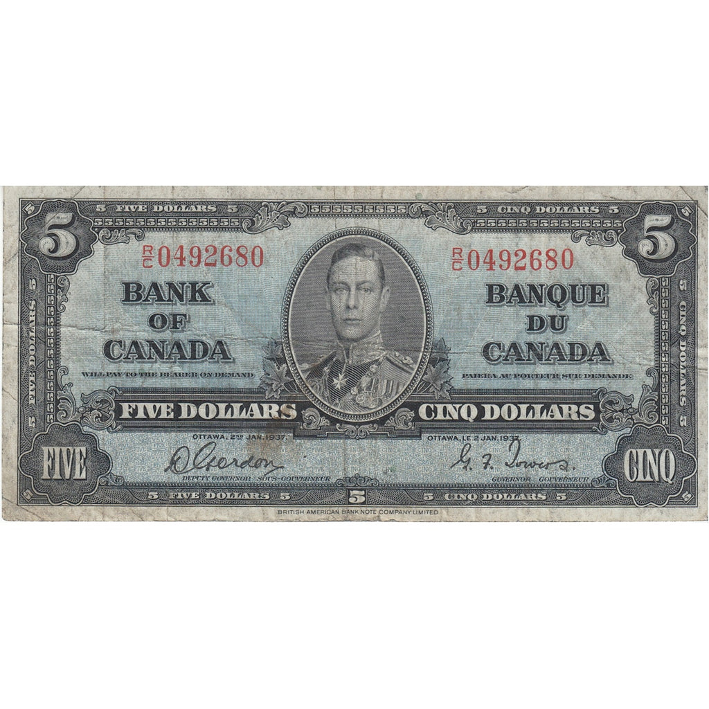 BC-23b 1937 Canada $5 Gordon-Towers, R/C, VG-F (VG10)