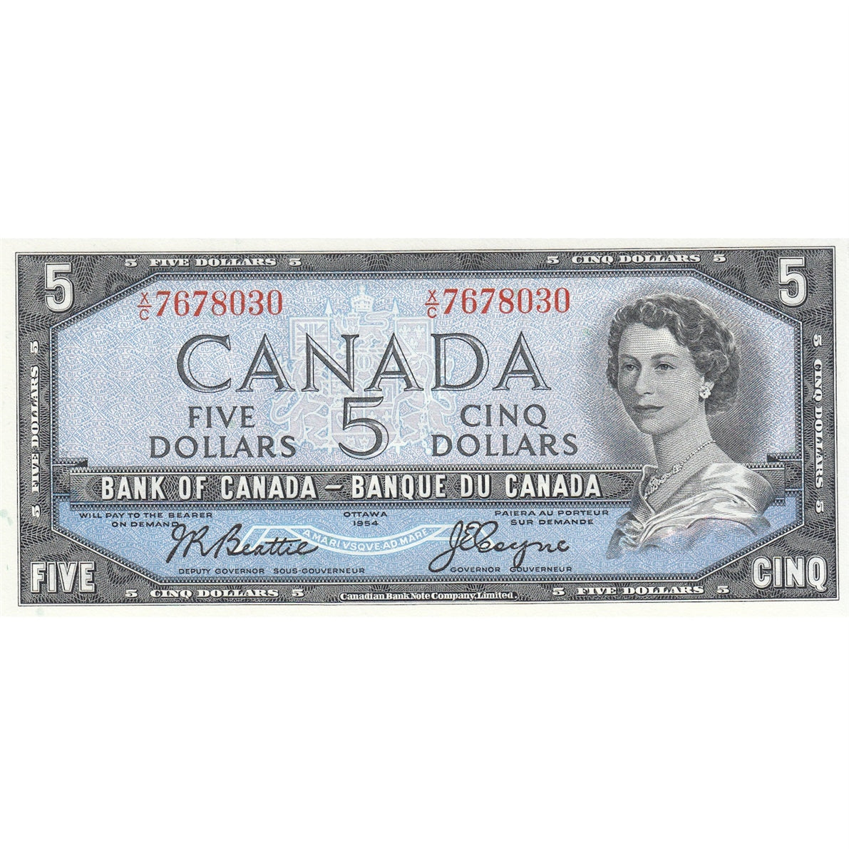 BC-39a-i 1954 Canada $5 Beattie-Coyne, X/C, Choice Uncirculated (CUNC63)