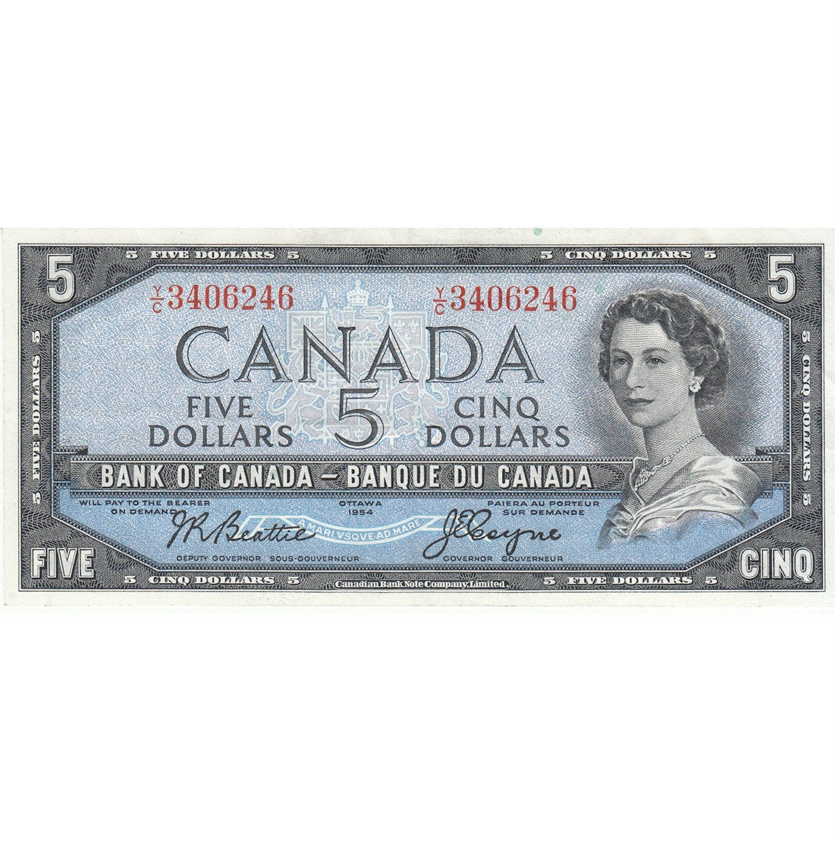 BC-39a-i 1954 Canada $5 Beattie-Coyne, Y/C, VF-EF (VF30)