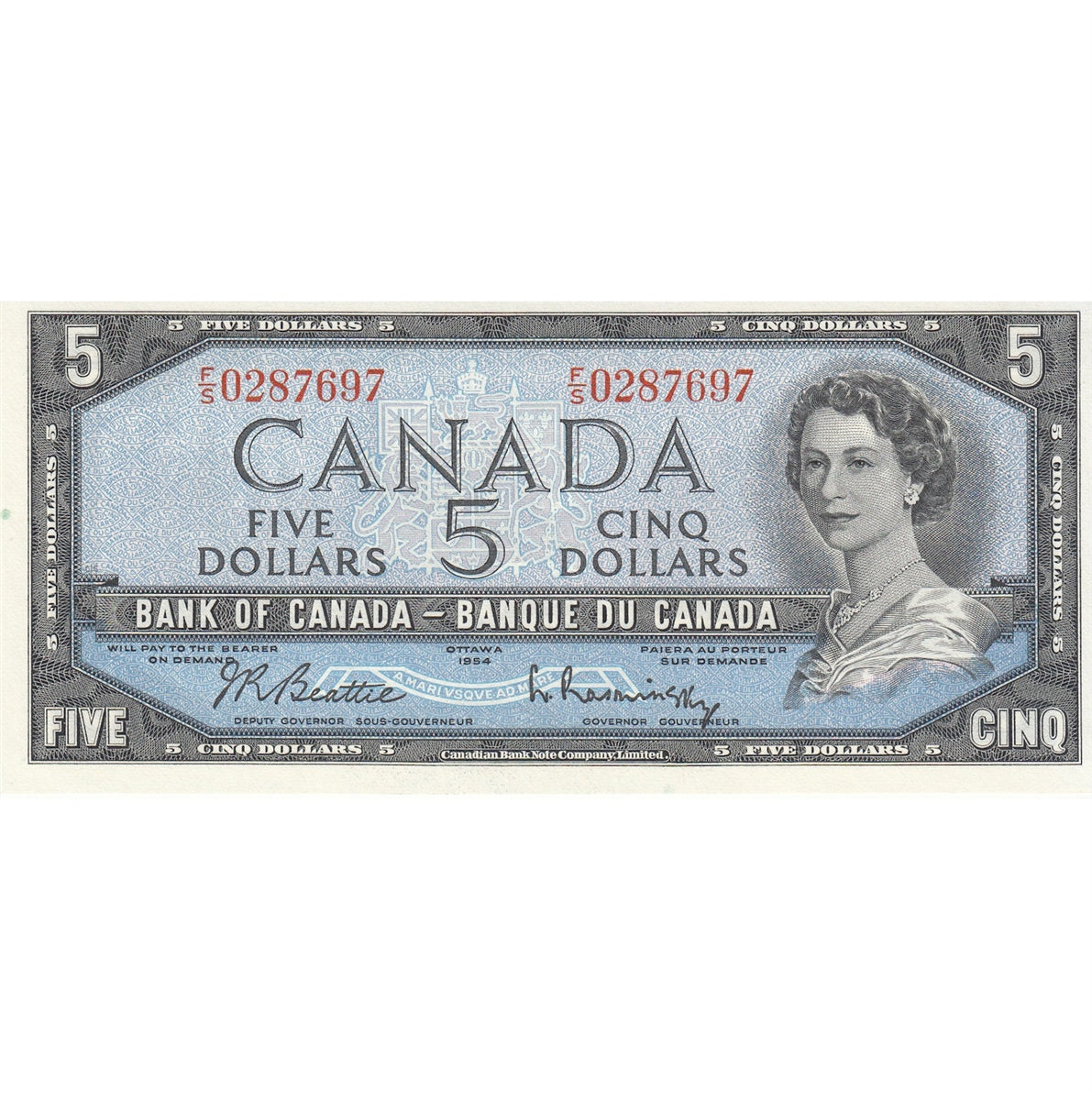 BC-39b 1954 Canada $5 Beattie-Rasminsky, F/S, Choice Uncirculated (CUNC63)