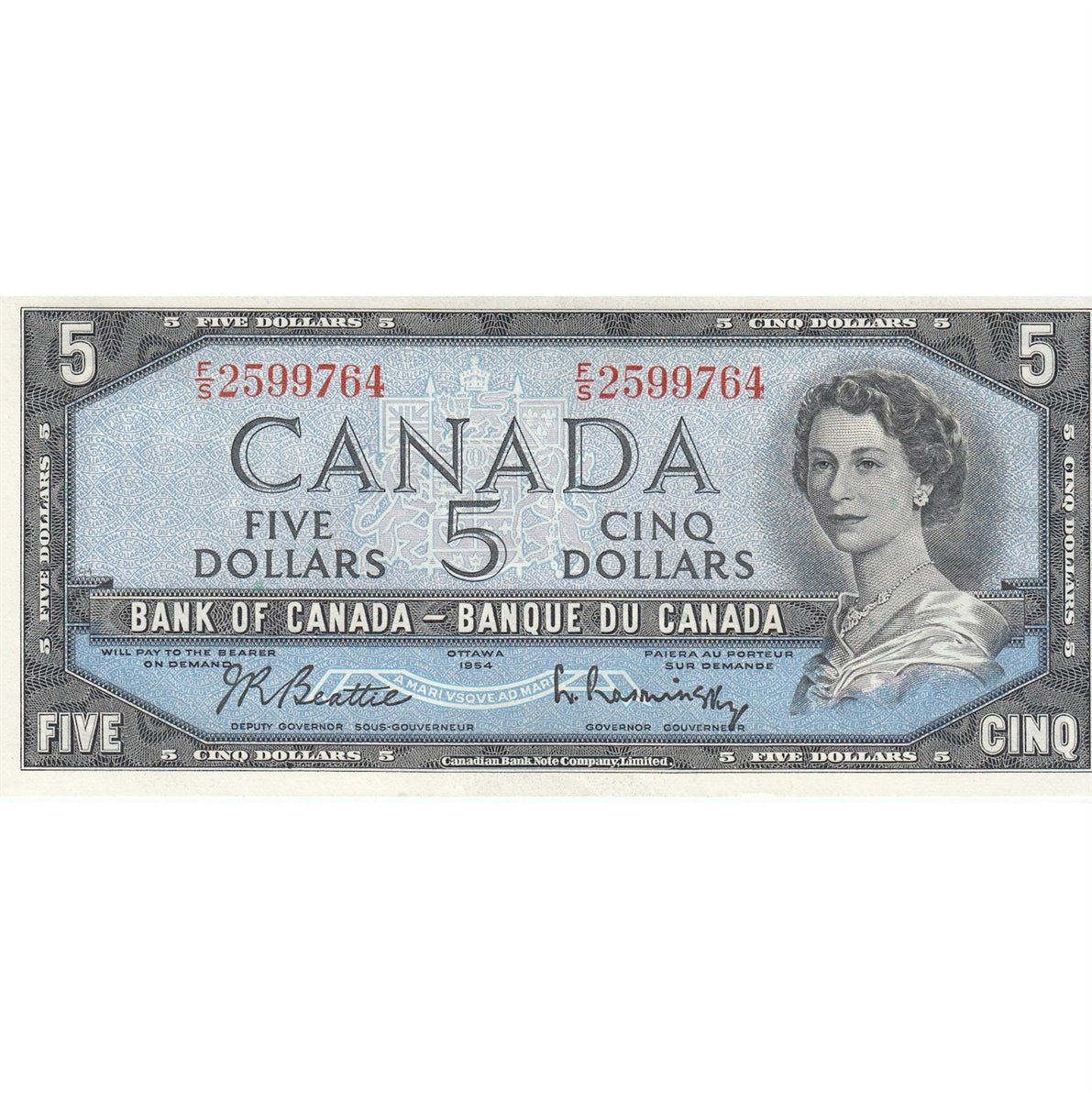 BC-39b 1954 Canada $5 Beattie-Rasminsky, F/S, EF-AU (EF45)