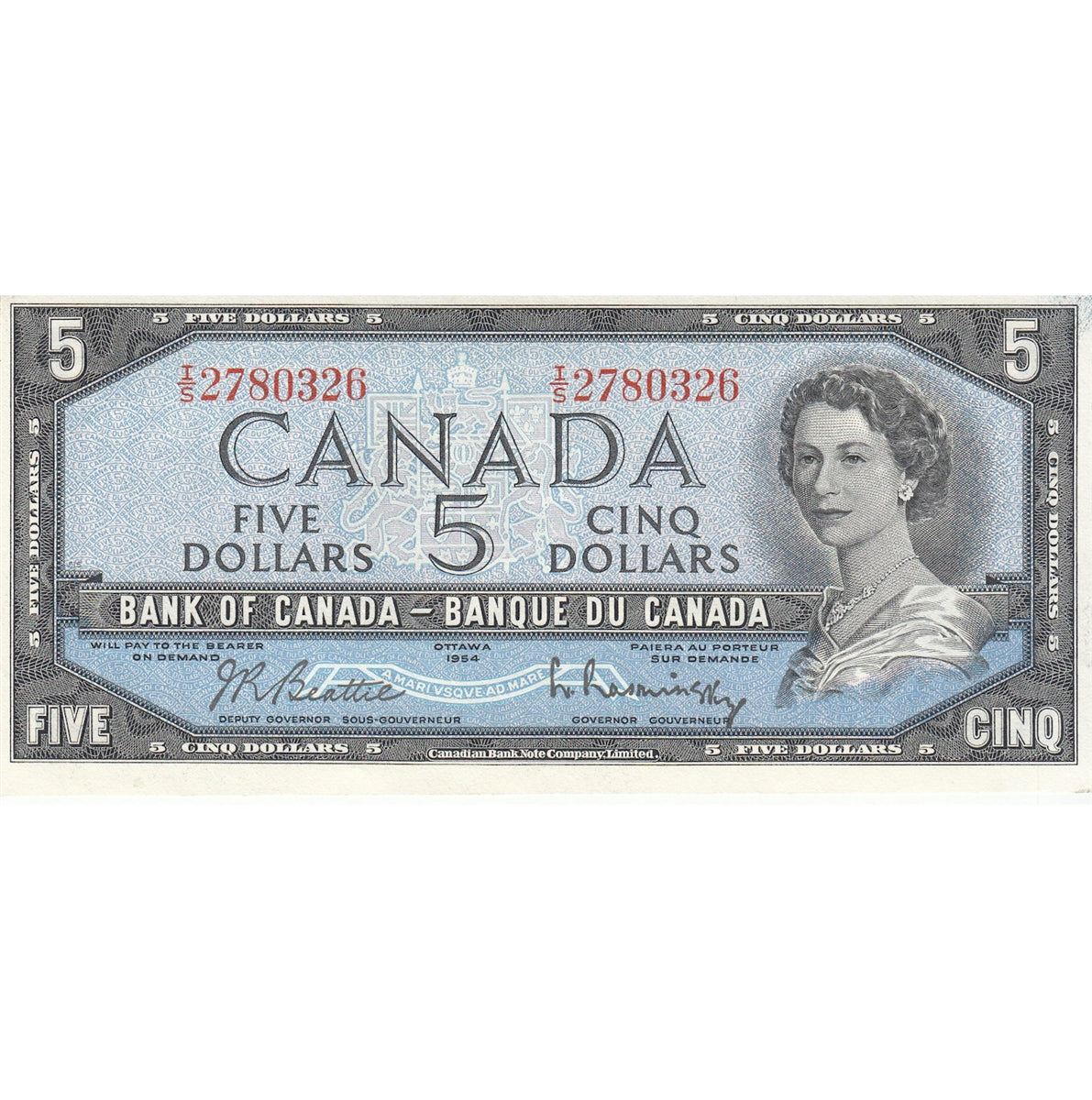 BC-39b 1954 Canada $5 Beattie-Rasminsky, I/S, Uncirculated (MS60)