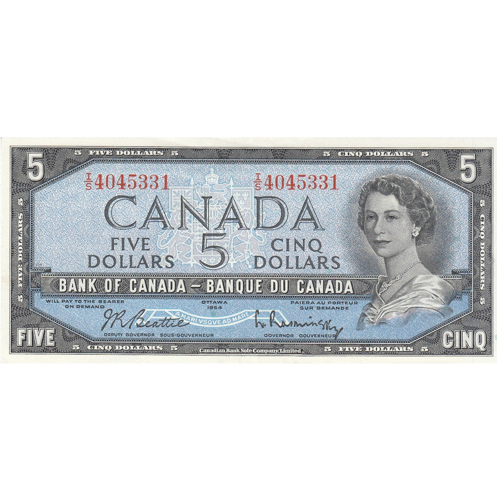 BC-39b 1954 Canada $5 Beattie-Rasminsky, I/S, Almost Uncirculated (AU50)